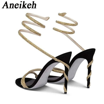 Aneikeh Star Style Luxury Crystal Snake Coiled Ankle Strap Lady Gladiator Sandals Sexy Stiletto High Heel Summer Party Prom Shoe