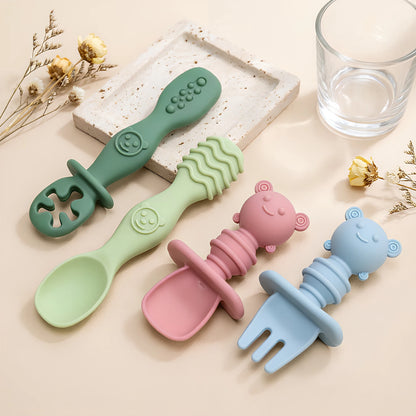 4pcs Silicone Spoon & Fork Set Long & Short Handles for Different Feeding Needs Baby Self-feeding Training Baby Birthday Gift