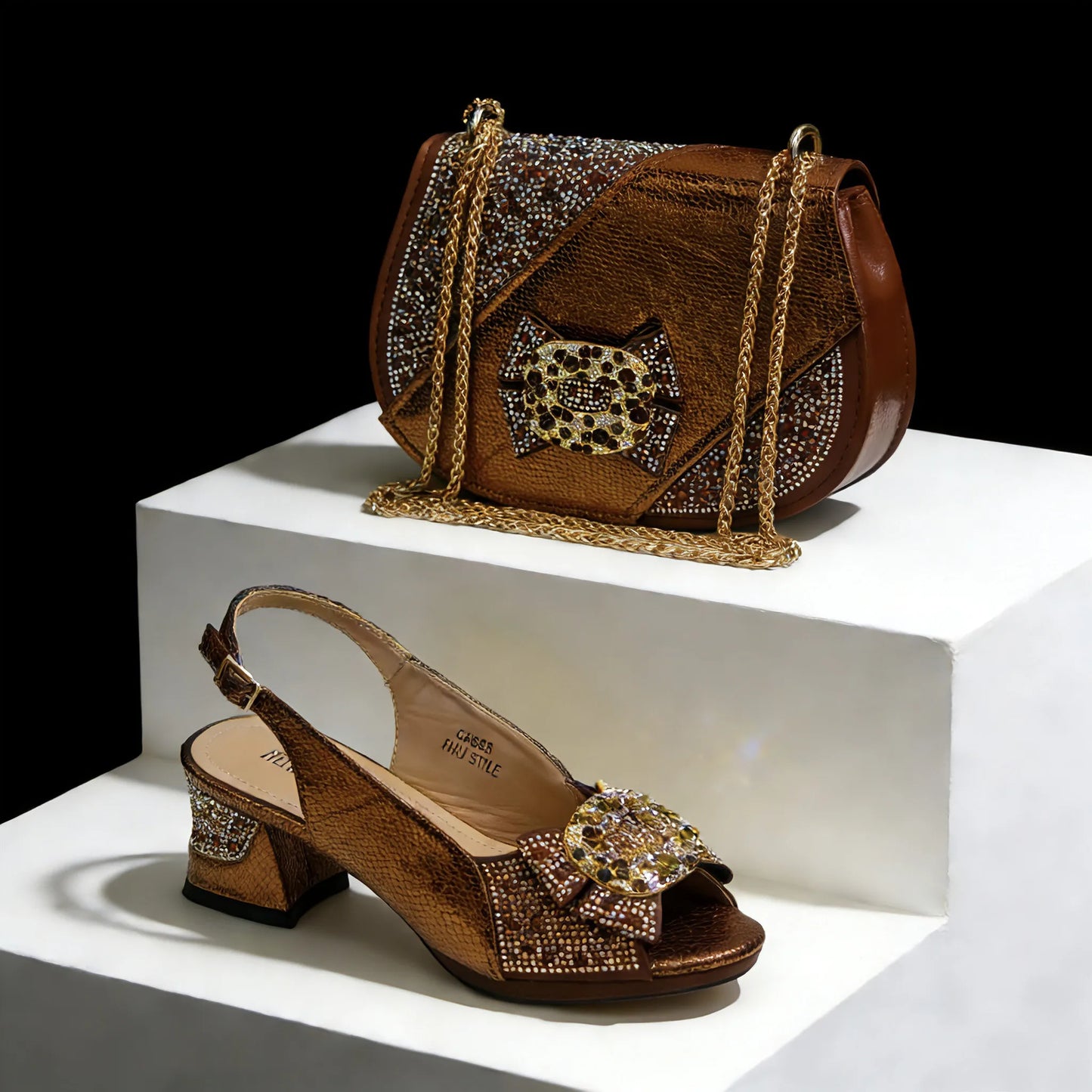 Nigeria Design Open Toe High Heels & Bag Set Gold Color blocking Hot Rhinestones Fashion Elegant Sexy High Heels
