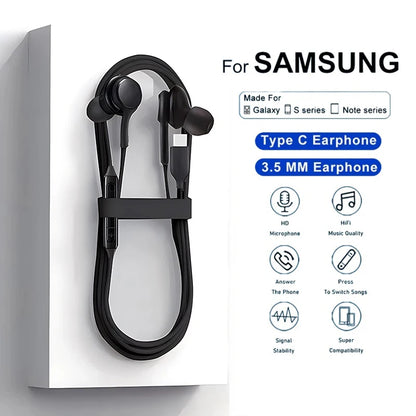 Type C Wired Earphone For Samsung Galaxy S23 S21 S22 Ultra Plus 3.5 mm Earbuds Headphones A54 A34 A53 A53 Accessories