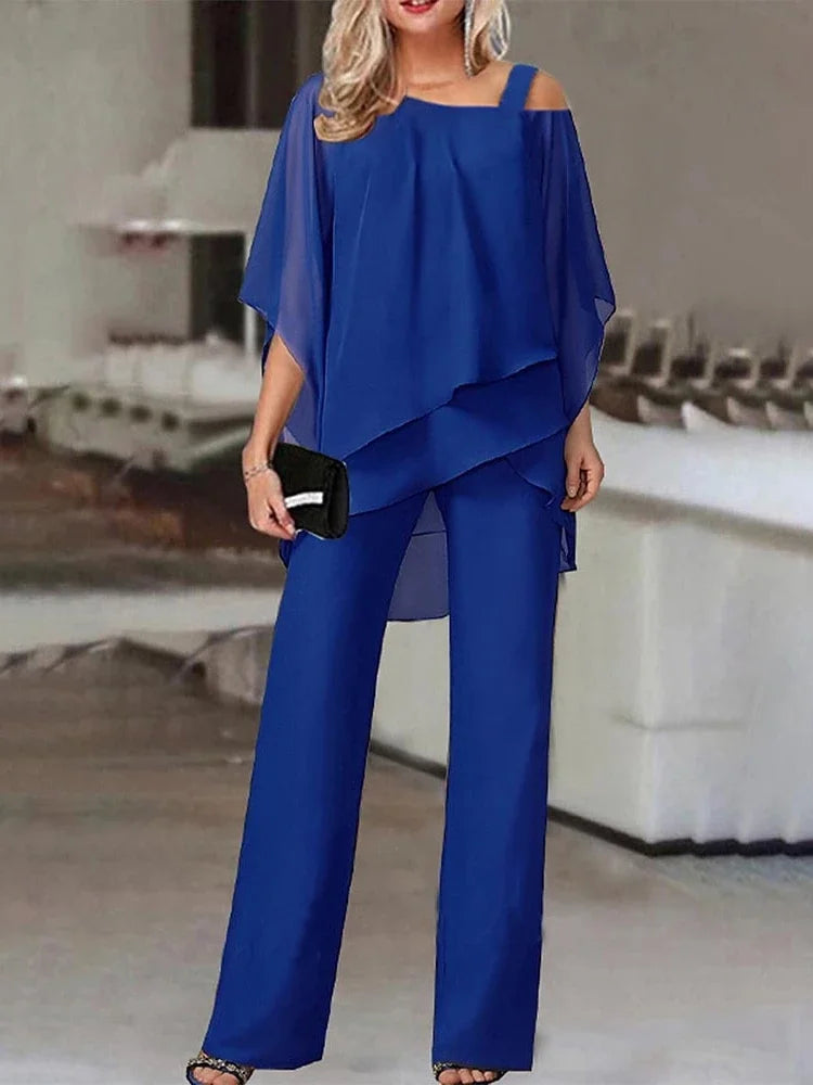 New Matching Collection Fashion Women's Bat Sleeve Top Casual Off Shoulder Party Elegant Wide Leg Pants Women's Two Piece Set