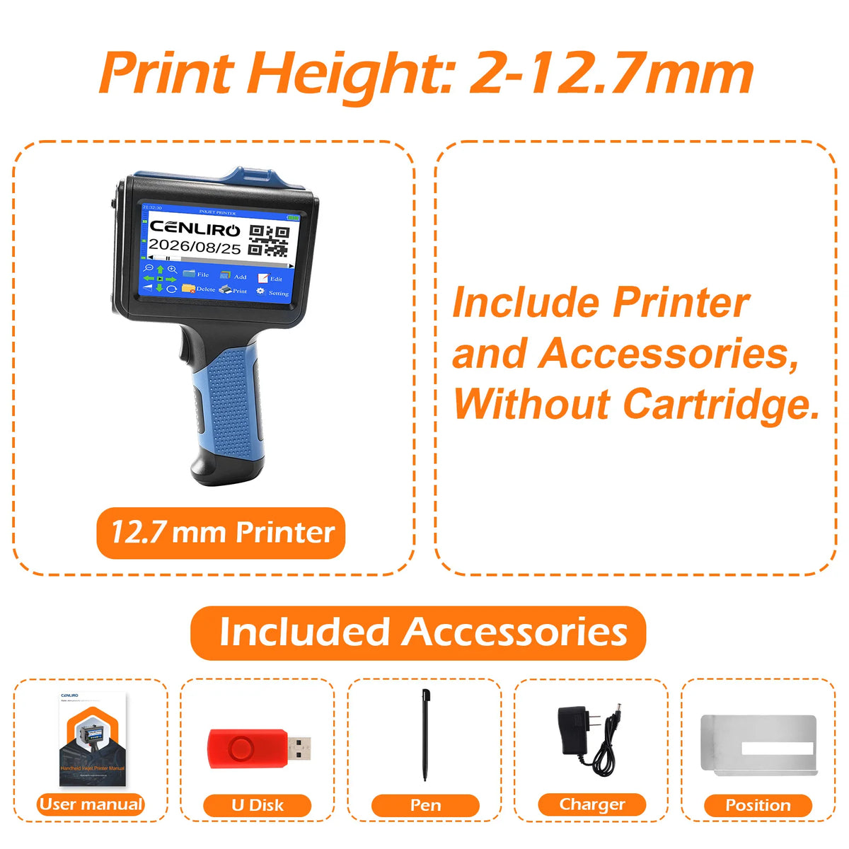 Cenliro Upgrated Handheld Inkjet Printer CL12B with Black Fast-drying Ink Cartridge for Date Batch Number Logo QR Code 600DPI