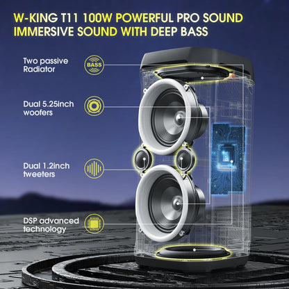 W-KING T11 100W RMS Bluetooth Speakers, IPX6 Waterproof, BT 5.3 Portable Party Boombox Wireless Deep Bass/115dB Loud Massive Sound