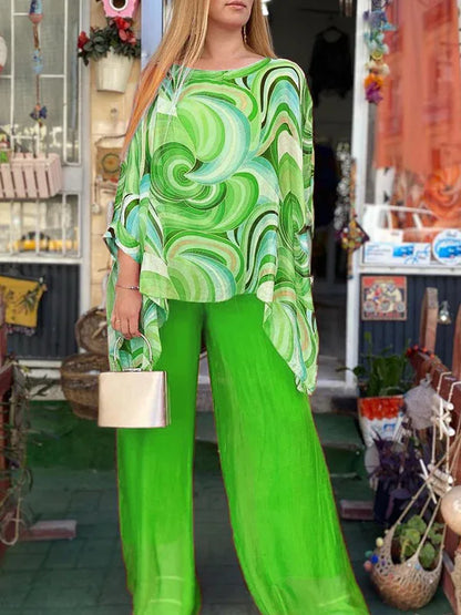 Women Fashion Trousers Two Piece Set For Women 2026 Summer Loose Casual Print Blouse Elegant 2 Piece Sets Woman Tops+Pants Suit