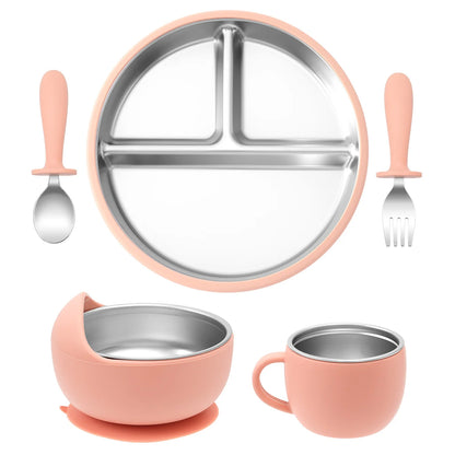Color Kids 5PCS Baby Feeding Set Stainless Steel Silicone Tableware Sucker Dishes Plate Bowl Training Fork Spoon Infant Cup