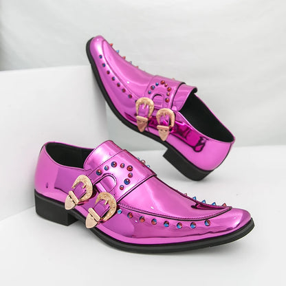 2026 New Gold Men Dress Shoes Rivet Breathable Square Toe Double Buckle Party Fashion Handmade Free Shipping Chelsea Men Loafers
