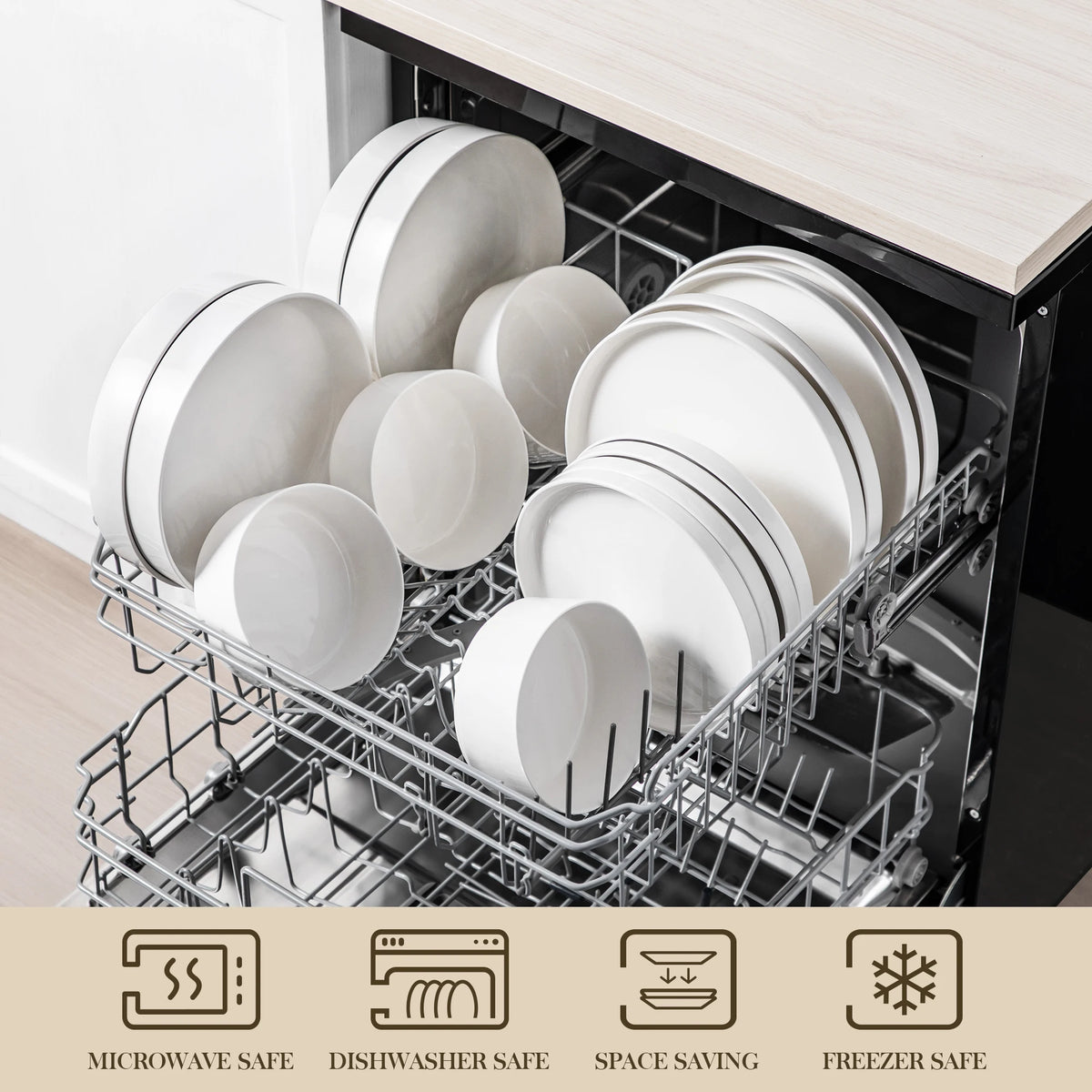 MALACASA 12/16/18/24 Piece Dinner Plates Sets Black Rim Half Standing Edge Dinnerware with 4/6PCS Dinner Plate/Dessert/Soup/Bowl