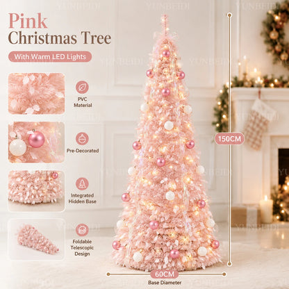 Pink Integrated Foldable Christmas Tree with Ornaments LED Lights High-end Christmas Tree 1.5M/1.8M Family Christmas Decorations