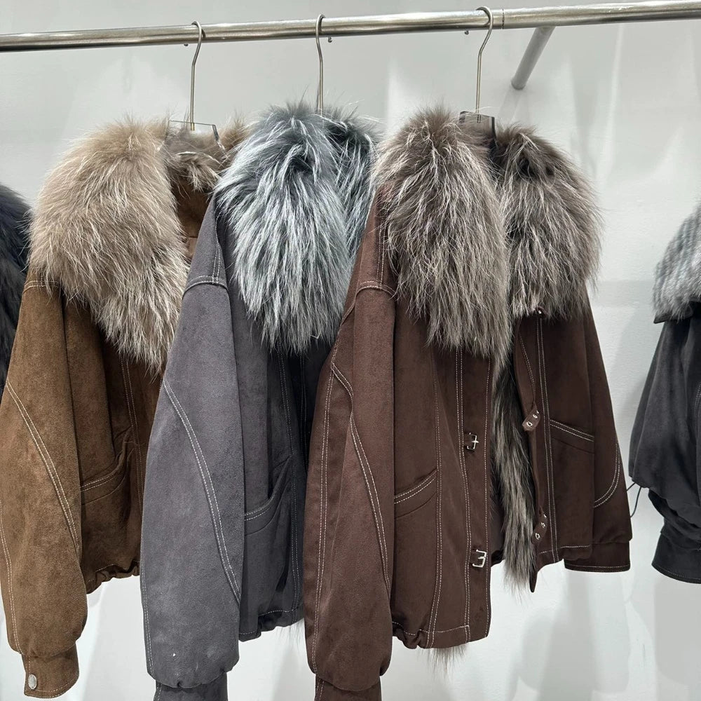 OFTBUY Women Suede Cropped Coat Oversized Real Fox Fur Collar Goose Down Jacket Winter Warm Drawstring Hem Daily Wear Outerwear