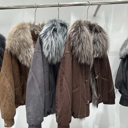 OFTBUY Women Suede Cropped Coat Oversized Real Fox Fur Collar Goose Down Jacket Winter Warm Drawstring Hem Daily Wear Outerwear