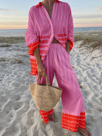Summer Casual Shirts Two Piece Outfits 2 Pieces Set For Woman New In Matching Sets Blouse For Woman Temperament Vacation Printed