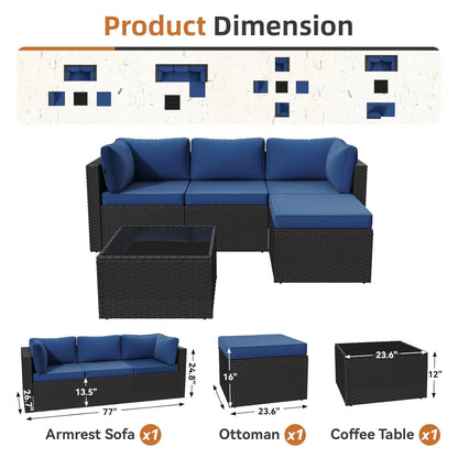Patio Furniture Set 5-Piece, Outdoor Sectional Sofas with Washable Cushion, Wicker Rattan Patio Conversation Sets, Customized