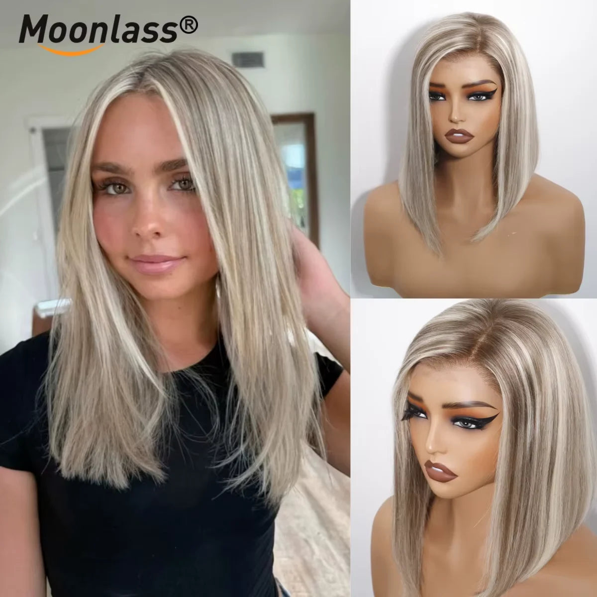 Moonlass Highlight Velvet Grey Gold Short Bob 100% Human Hair Wig 190% Density Salon Hair Color Wig 13x6 Upgrade Nude Lace Wigs