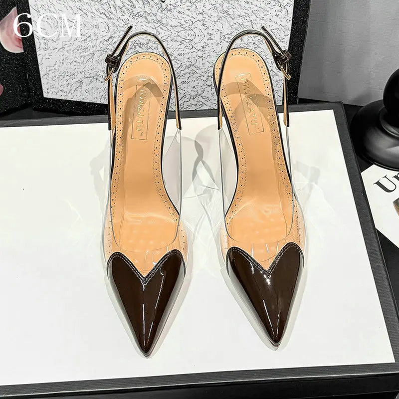 2026 Summer New Fairy-style Heart-shaped Pointed Toe Thin Heel Sandals for Women Transparent Patchwork Headpiece Back High Heels
