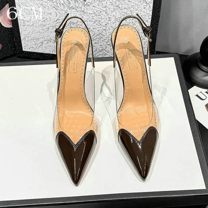 2026 Summer New Fairy-style Heart-shaped Pointed Toe Thin Heel Sandals for Women Transparent Patchwork Headpiece Back High Heels
