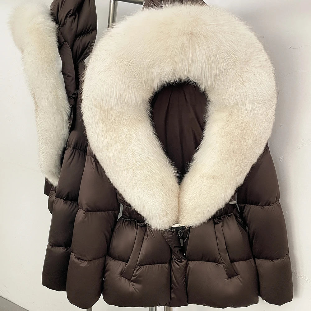 OFTBUY New Fashion Winter Clothes Women Duck Down Coat with Big Natural Fur Collar Belt Hooded Real Fox Fur Puffer Jacket Female