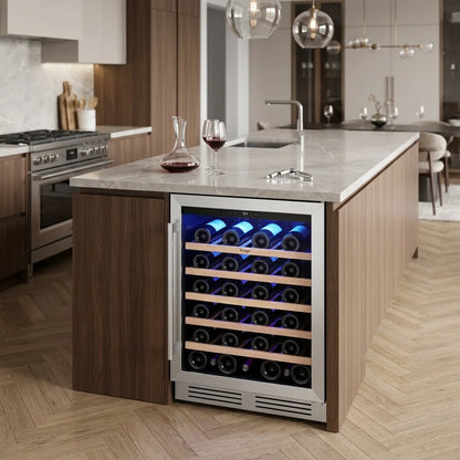 52 bottles wine cooler 5.12 Cu.ft compressor air cooling single temperature zone wine mini fridge With blue light ＆ door lock ＆ automatic defrosting