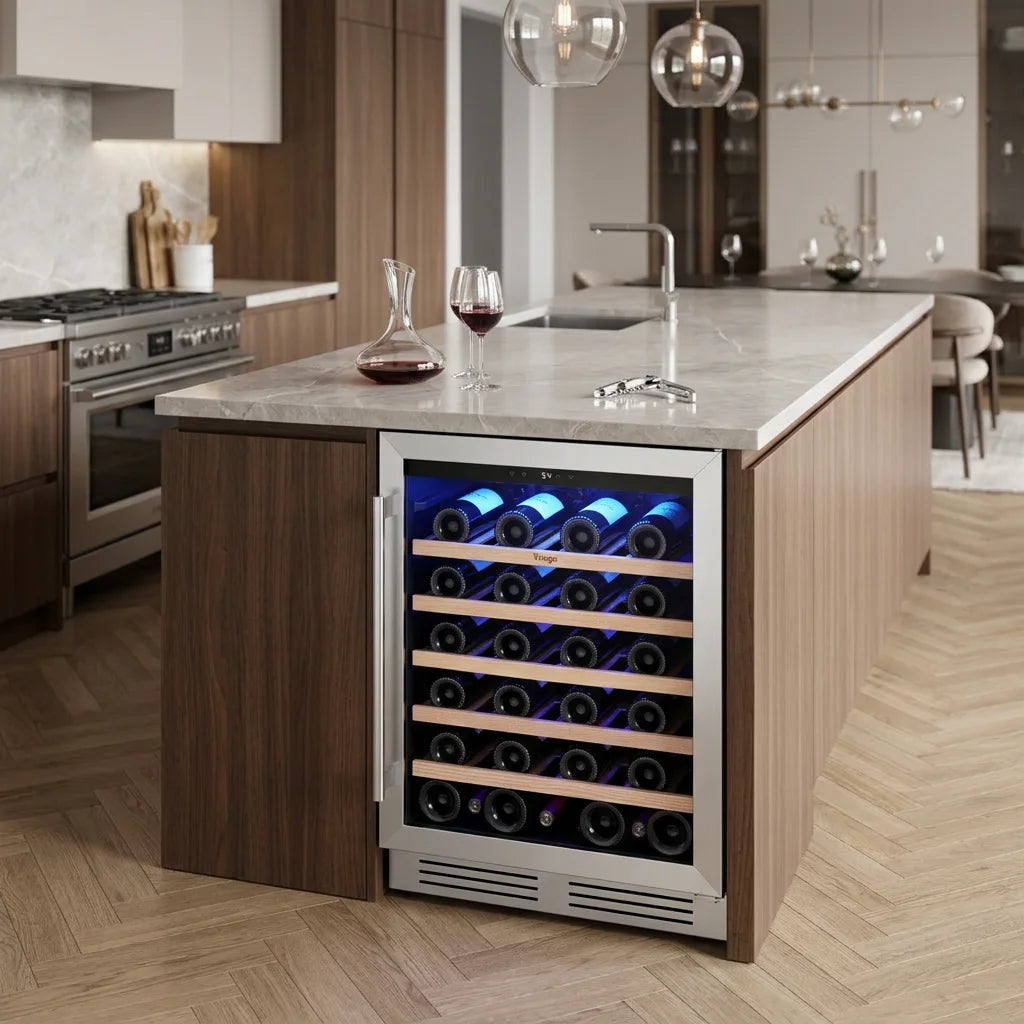 52 bottles wine cooler 5.12 Cu.ft compressor air cooling single temperature zone wine mini fridge With blue light ＆ door lock ＆ automatic defrosting