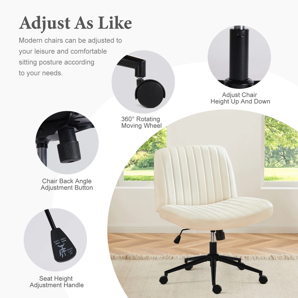 Armless Office Chair | Adjustable Swivel Seat with Casters or Foot Pads | Home, Work & Study