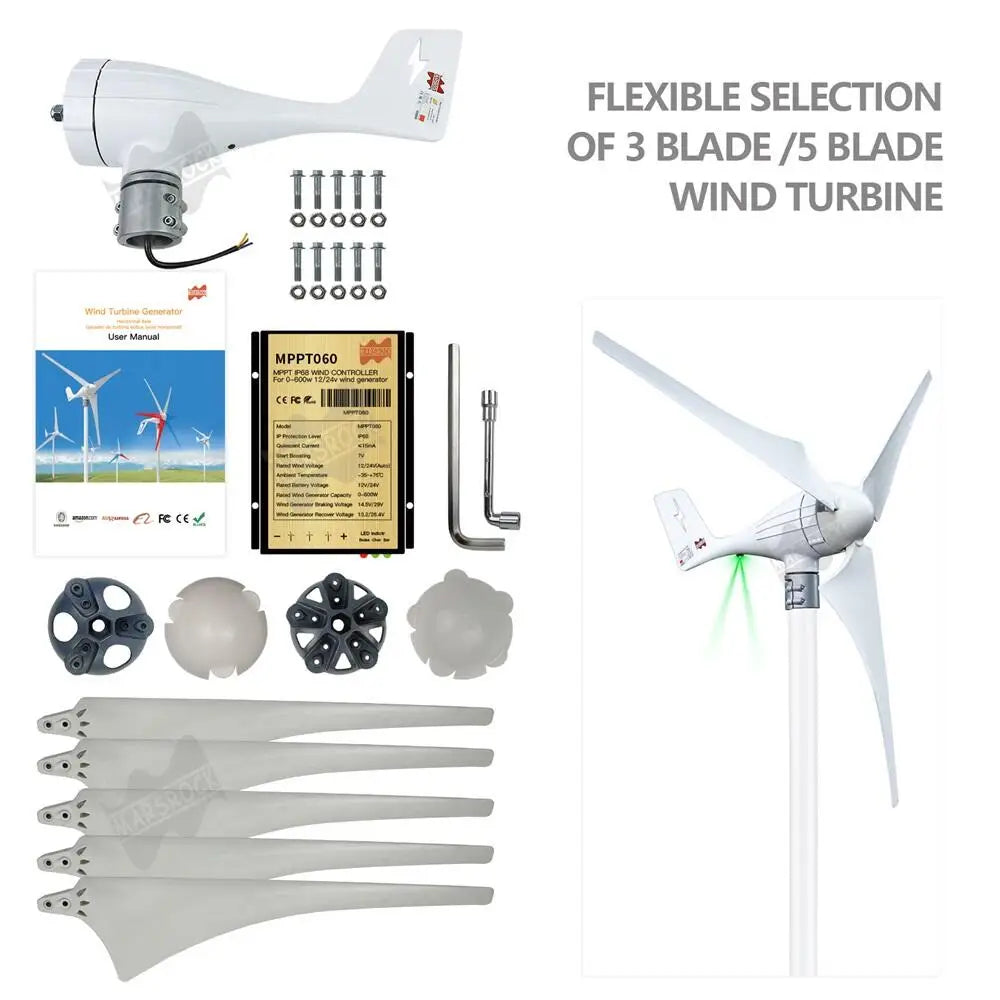 3 5Blades 600W 12V 24V Wind Turbine Generator With MPPT Controller High Effcient Household Wind Generator for Battery Charge