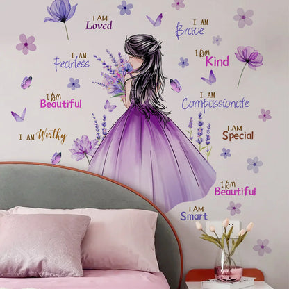 motivational 3d purple flower gilr wall sticker self adhesive Inspirational quote wall decal