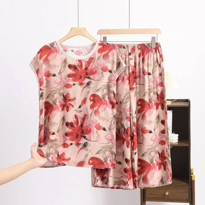 XL to 6XL Plus size Summer Pajamas set short sleeve Tshirt and Capri Pants Floral Print Loose homewear suits comfort sleepwear