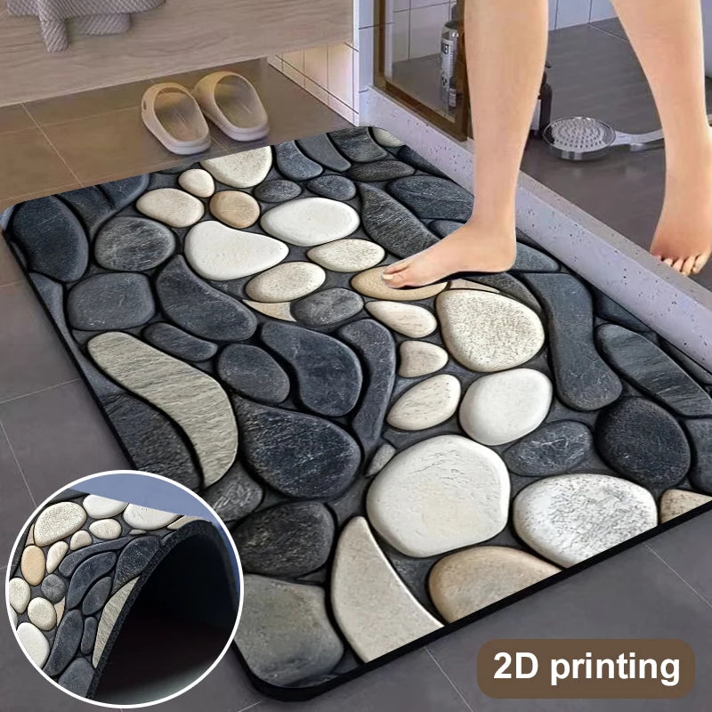 Pebble Pattern Diatomite Rug Floor Mats Absorbent Kitchen Doormat Non-Slip Bathroom Living Room Mat 2D Rubber Backing Carpet