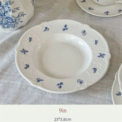 Simple Blue Printing Tableware Kitchen Supplies White Relief Tableware Western Dessert Steak Cake Dim Sum Fruit Dish Set