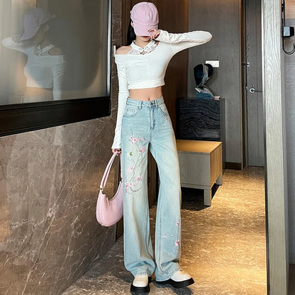 French Pink Flower Embroidered Jeans Women Spring and Autumn New High Waist Fashion Slim Wide-Leg Pants Embroidered Straight Pan