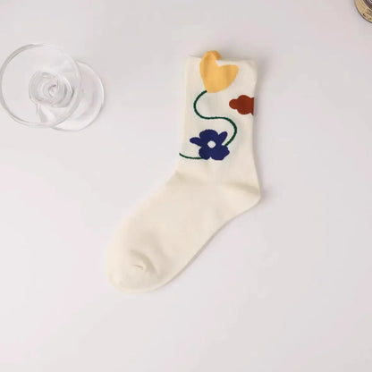 New Style Crew Socks for Women Spring Fashion Cute Flower Long Cotton Socks Japanese Style Breathable Casual Trendy Absorb Sweat
