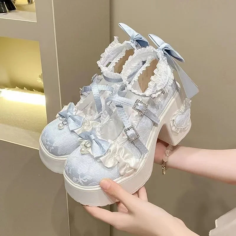 Fashion Mary Jane Women's Shoes Elegant Temperament Soft Sole Lace Lolita High Heels Beautiful Princess Shoes for Women Tacones