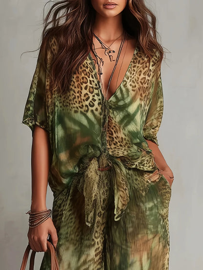 Vintage Women Leopard Print Two Piece Set Elegant Printing V Neck Short Sleeve Knot Front Blouse Wide Leg Pants Suit Outfit