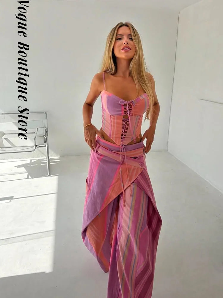 Chic Stripe Print Vest Pants Women Set Patchwork Slash Neck Bandage Top Pleated Asymmetry Trousers 2026 Summer Lady Outfit