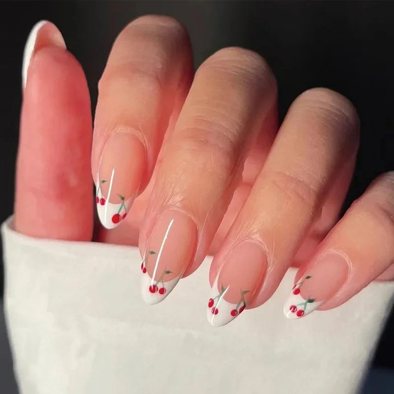 3D Lemon Blue White Striped French Nail Art Summer Chic Short Round False Nails Detachable Finished Fake Nails Press on Nails