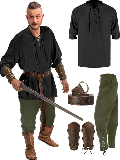 4 Pcs Halloween Men's Renaissance Costume Set Medieval Pirate Shirt Ankle Banded Pants Viking Belt Accessories
