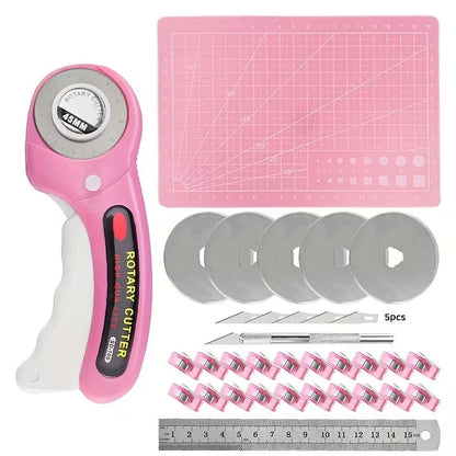 25PCS Rotary Cutter Set Quilting Kit 45mm Fabric Cutter with Blades & A4 Cutting Mat & Craft Knife Set & Sewing Clips for Sewing