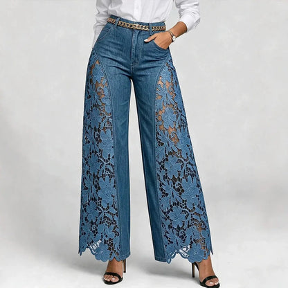 American Lace Hollow Out Elegant High Waist Wide Leg Straight Tube Harajuku Retro Flared Pants High Street Fashion Women's Jeans