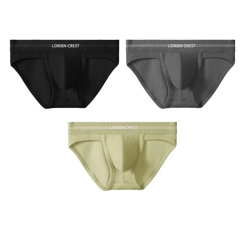 3pcs Sexy Men Waffle Cotton Briefs with Raised Bag Support Pouch With Hole U Spacious Separate Crotch Breathable Anti-sweat