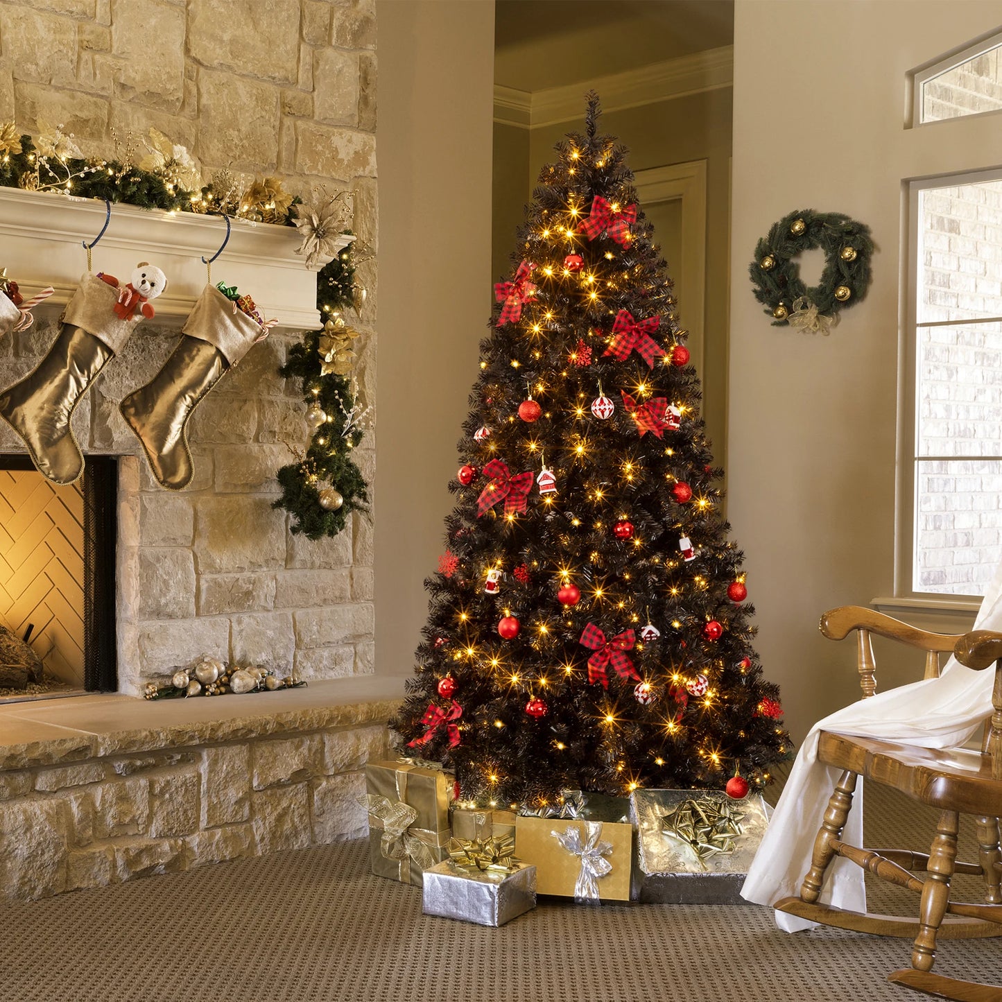 7.5FT Black Pre‑lit Artificial Christmas Tree, Hinged Xmas Tree with 350 Warm White LED Lights Remote Control, 1200 Branch Tips with Tree Skirt & Red Ornaments for Holiday Home Decor