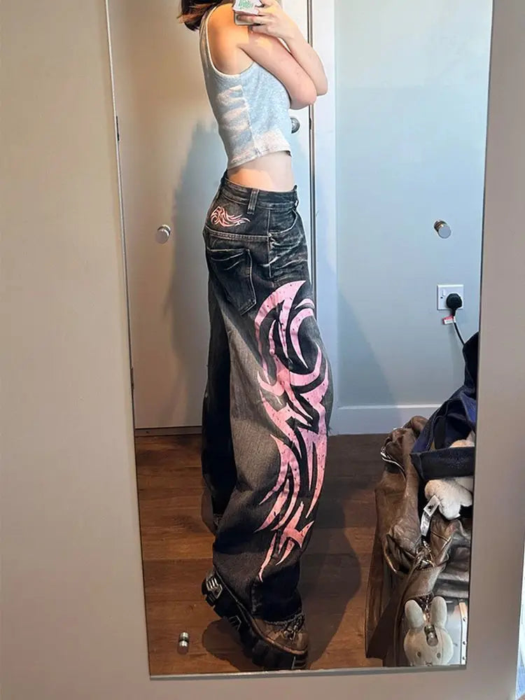 Y2K American Vintage Mottled Totem Print Baggy Jeans Women's High Waist Wide Leg Jeans Women's  Trendy Hip-hop Jeans