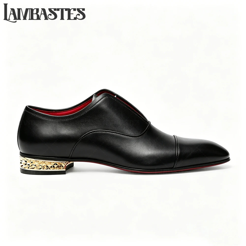 Gold Geometric Heel Patent Leather Mens Loafers Polished Glossy Upper Red Lining Formal Dress Shoes Embossed Gold Heel Loafers