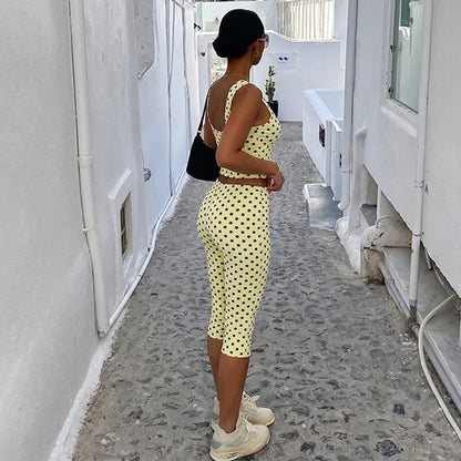 Women Polka Dot 2 Piece Outfit Sleeveless Crew Neck Crop Tank Top High Waist Capri Leggings Matching Sets Y2K Streetwear Co Ord