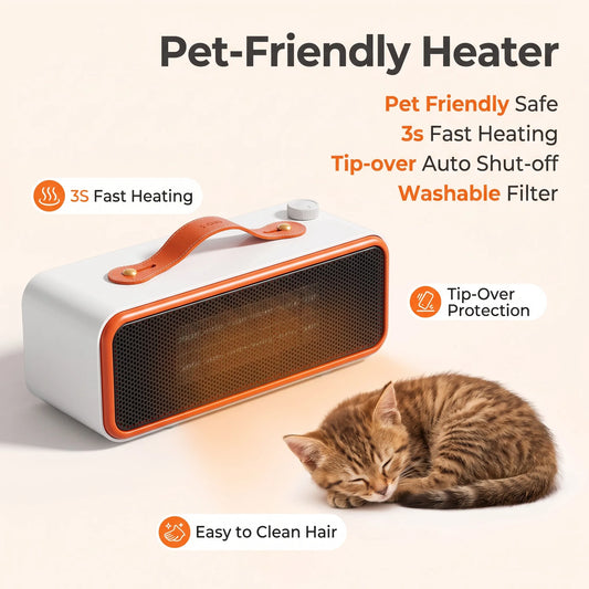 Pet Warm Air Heater Fast Heating Quiet Safe Auto Shut-Off If Tipped Washable Filter Portable Fan Heater for Home Office Desk