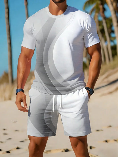 Men's Classic Stripe Printed T-Shirt Shorts Set Plus Size Short Sleeve T-Shirt and Drawstring Shorts Summer Casual Two Piece Set