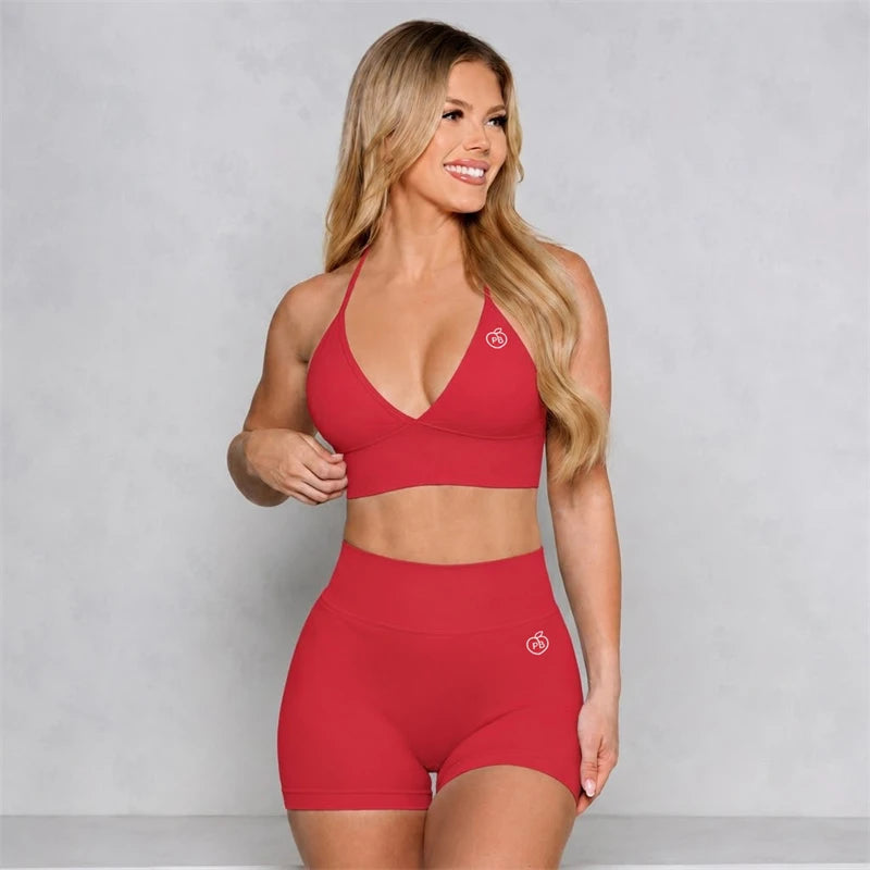Bum 2PCS Seamless Yoga Set Women Blossom Bra + V-Back Shorts Gym Workout Suits Wear Women Sports Scrunch Butt Set Sportswear