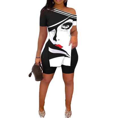 Print Two Piece Shorts Sets Women Skew Collar Short Sleeve Shirts Side Split Tops Pullover Elastic Waist Trousers Summer 2025