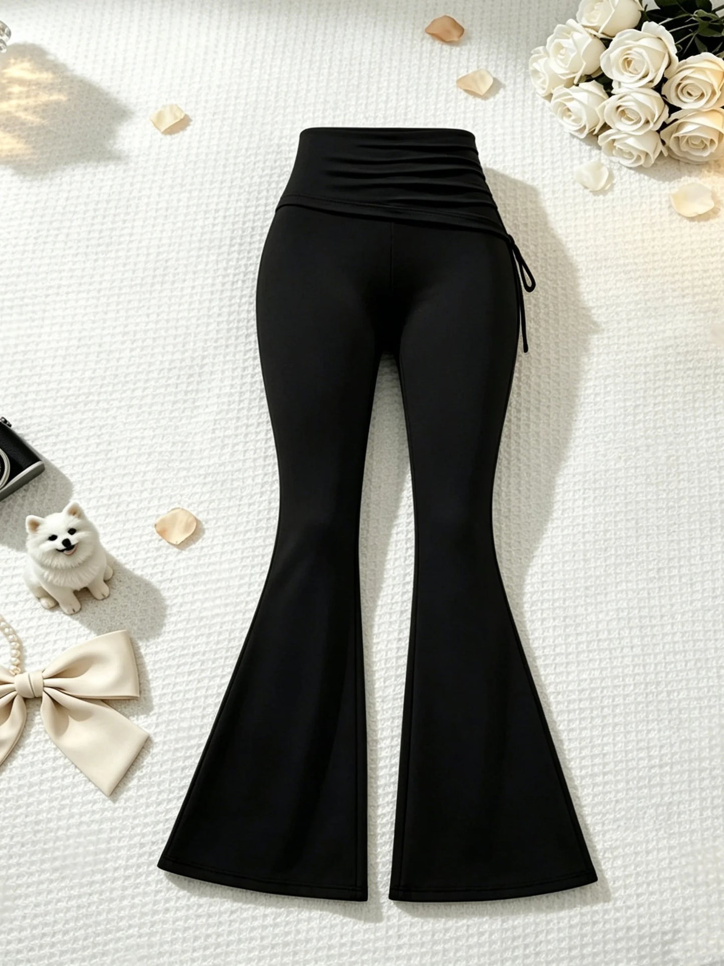 2 Pcs Women Crew Neck Side Ruched Split Hem Short Sleeve Tee High Waist Fold Over Side Drawstring Flared Pants Set Solid Black S