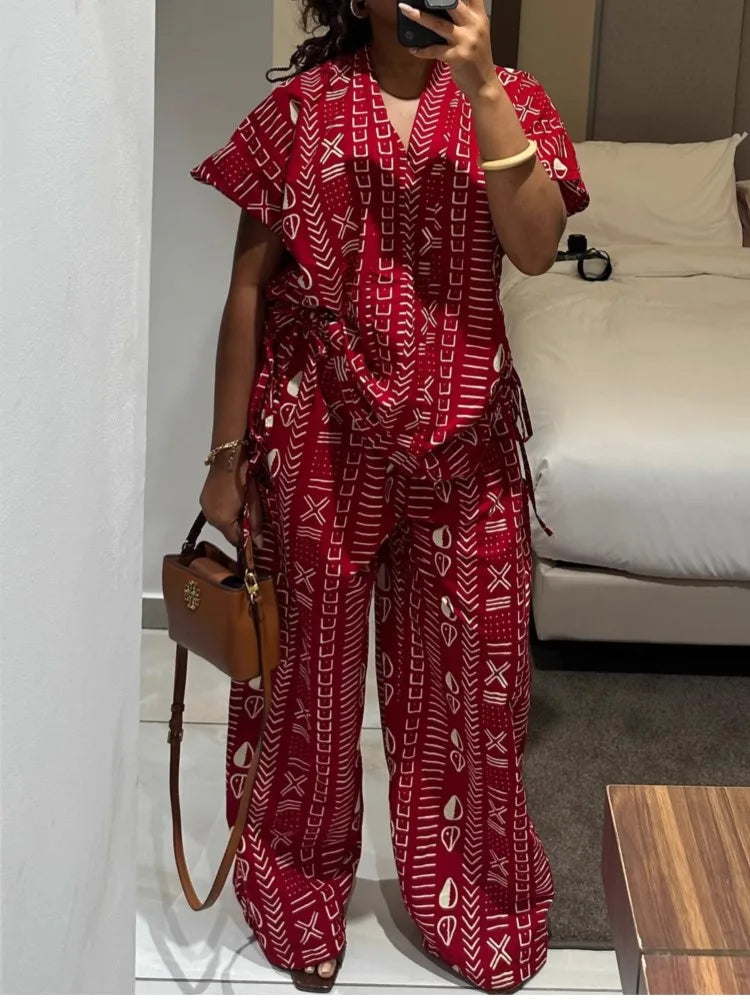 New Fashion Printed Two-piece Set Women's Loose Casual Short-sleeved Drawstring Waist Slimming V-neck Shirt Wide-leg Pants Sets