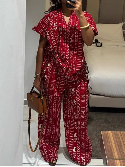 New Fashion Printed Two-piece Set Women's Loose Casual Short-sleeved Drawstring Waist Slimming V-neck Shirt Wide-leg Pants Sets