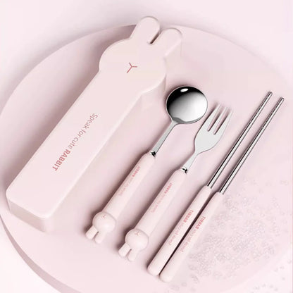 WORTHBUY 3/4PCS Cute Portable Dinnerware Set Reusable 304 Stainless Steel Fork Spoon Chopsticks With Box Cutlery For Kid Student